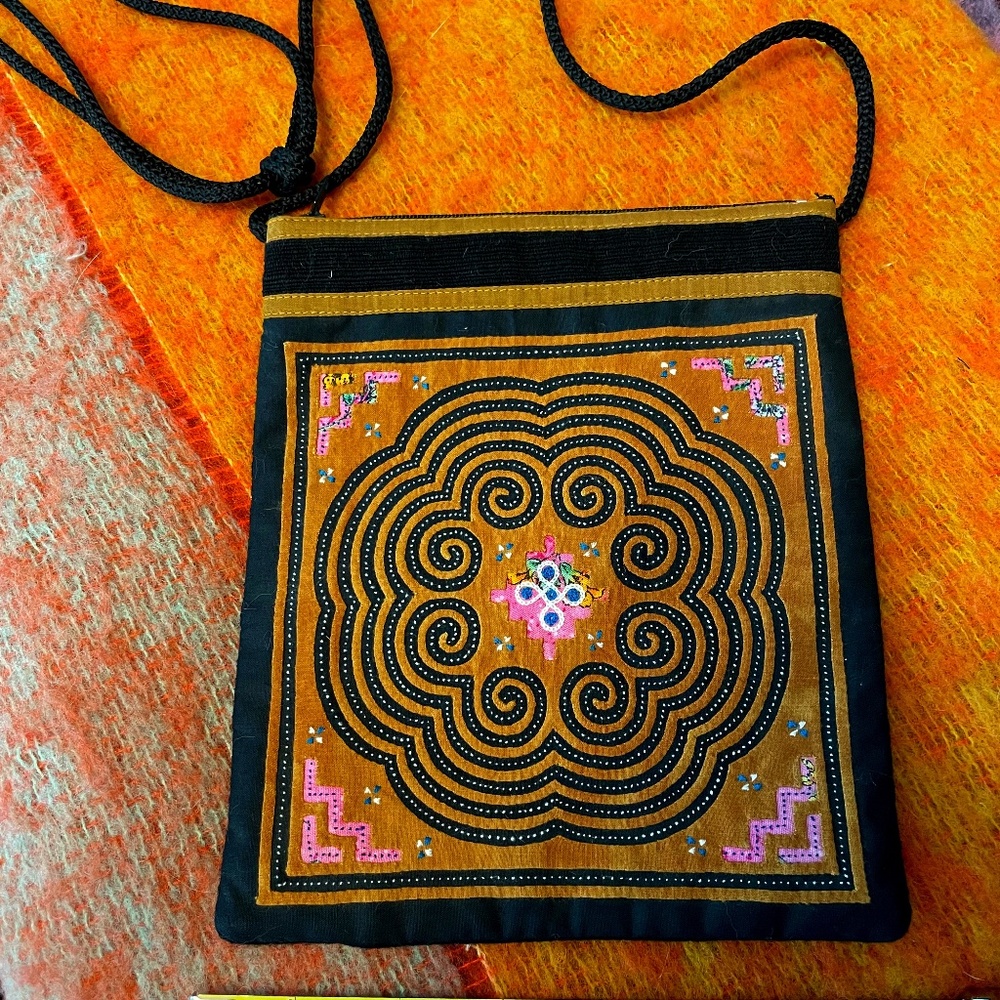 Beautiful Embroidered Black and Brown Fabric Cross Body Bag